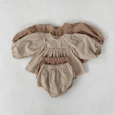 beige 2pcs frilly puffed checkered set