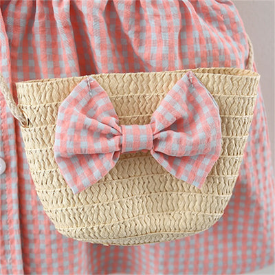 2pcs Pink Checkered dress & Woven cross bag set