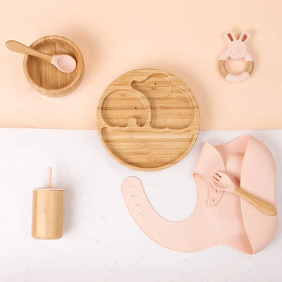 7pcs Wooden Elephant Silicone Tablewear Sets