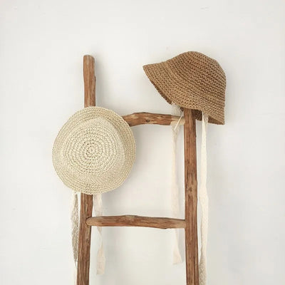 Light Brown Lace & Straw Tie Up Hat