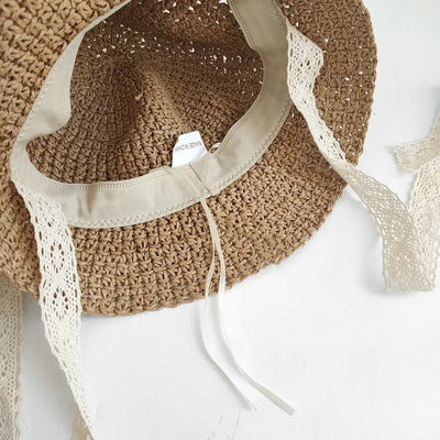 Light Brown Lace & Straw Tie Up Hat