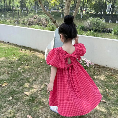 Pink puffed checkered Dress